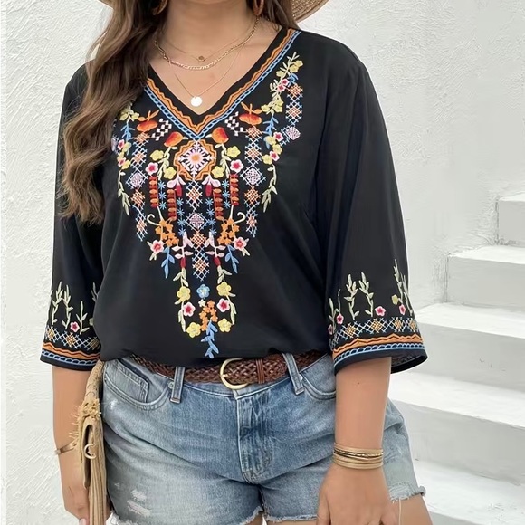 New Plus Size Embroidered Boho Top, Black with Colorful Accents - Picture 4 of 4